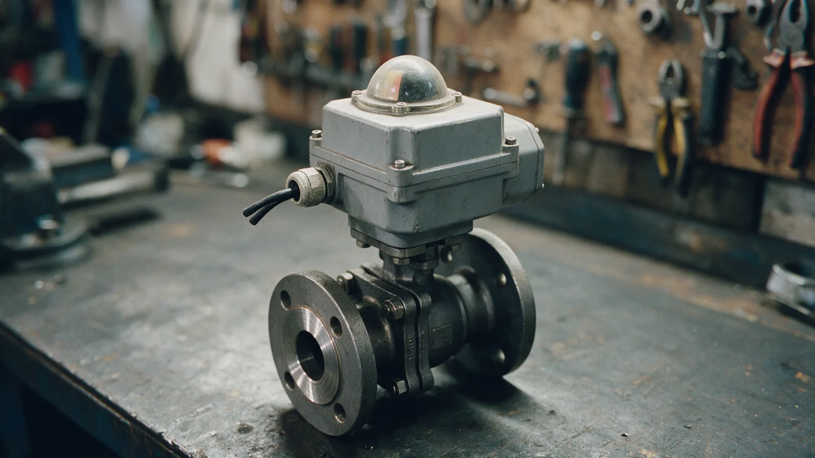 Quarter-turn electric actuator bolted on top of a flanged ball valve